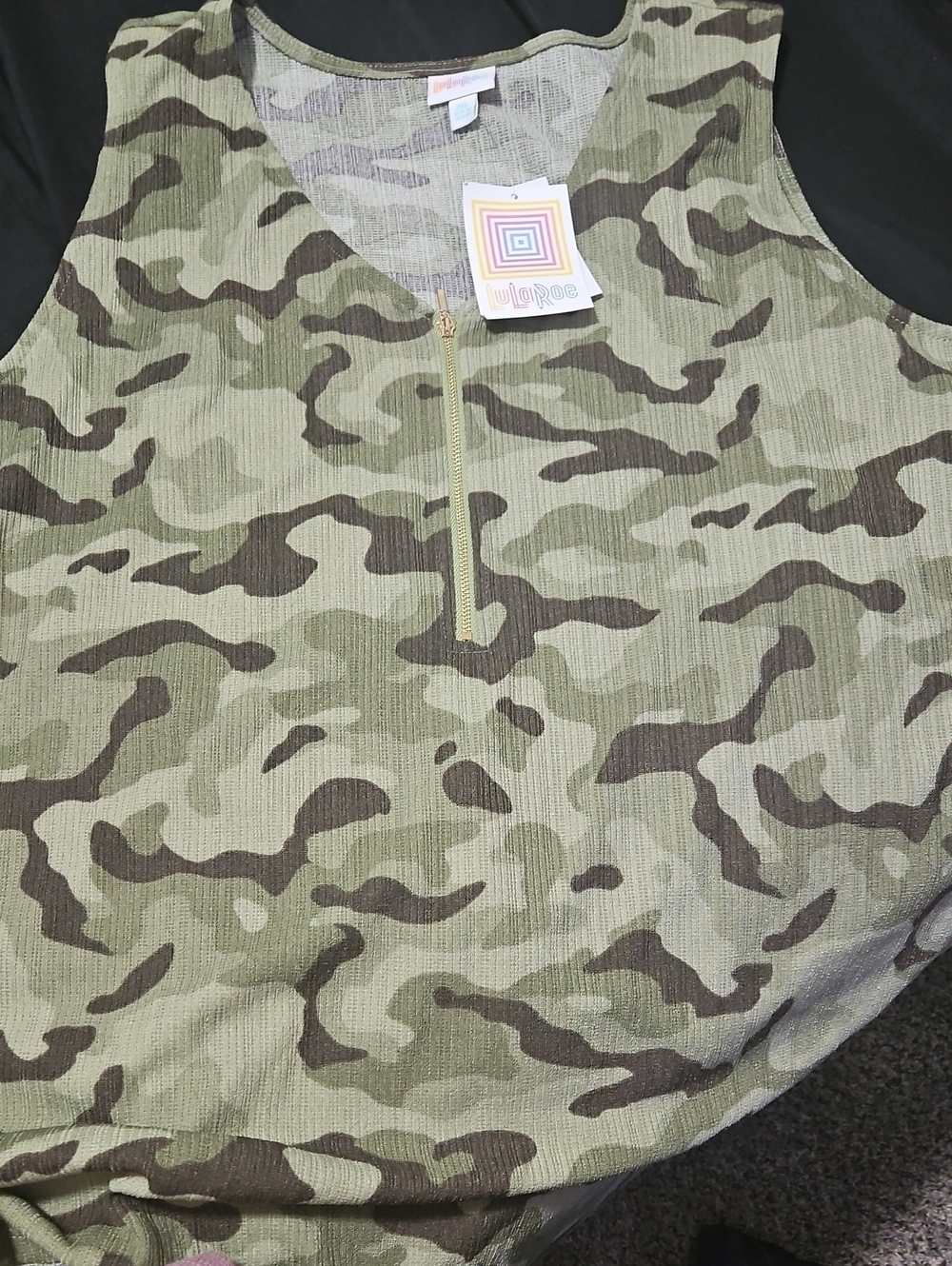 LuLaRoe Olive and Dark Green Camo Zip Tank Top